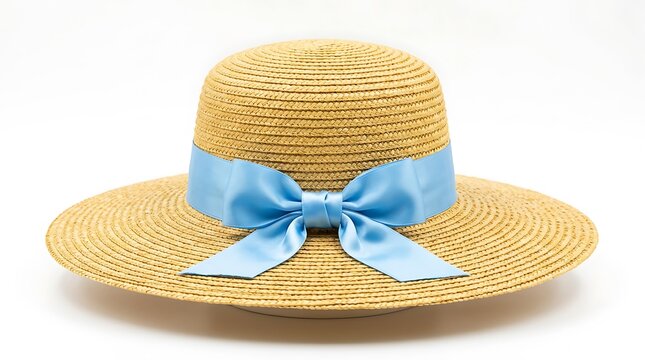 A beautiful straw sun hat with a wide brim and light blue ribbon bow isolated on white