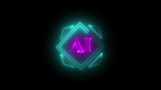 Ai logo animation with neon geometric shapes. Ai logo artificial intelligence digital symbol. Ai logo technology interface graphic on black background.