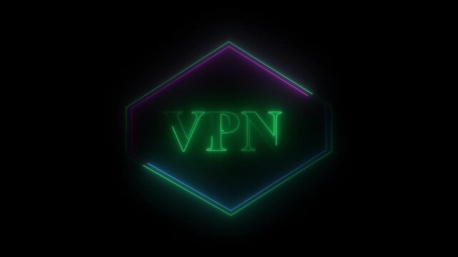 Vpn logo animation with green neon hexagon. Vpn logo digital security icon. Vpn logo technology interface graphic on black background for privacy.