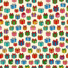 Obraz premium Colorful gift boxes with ribbons seamless pattern on beige background for festive designs