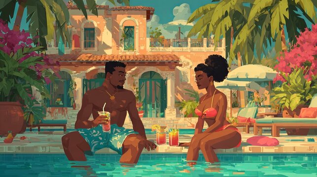 Young Black couple relaxes poolside, drinks in hand. Tropical villa stands behind them.