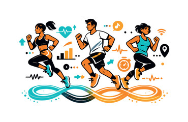 Fototapeta premium Floating cardio. Runners suspended midair, glowing paths beneath their feet forming infinity