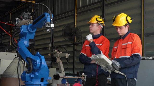 Industrial workers collaborating with robotic arm in manufacturing environment