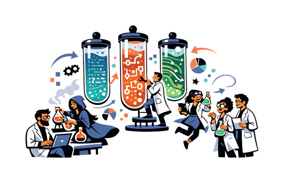 Data elixir lab. Floating glass tubes filled with glowing liquid algorithms. Scientists and