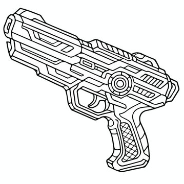 Detailed black and white line art drawing of a futuristic space blaster pistol isolated on a clean white background page