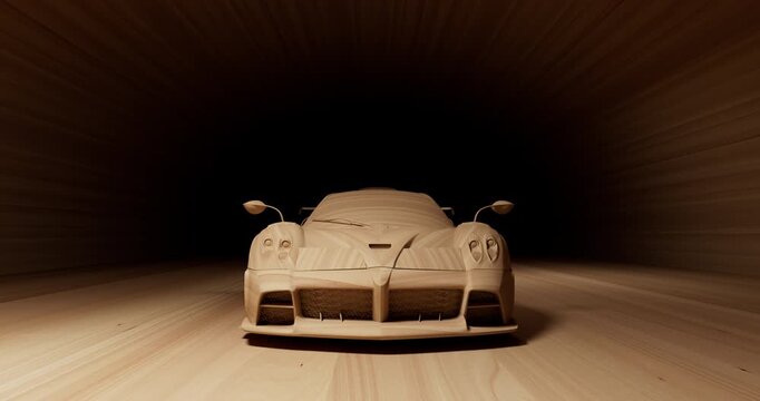 A futuristic wooden supercar stands under dramatic studio lighting in a dark environment.