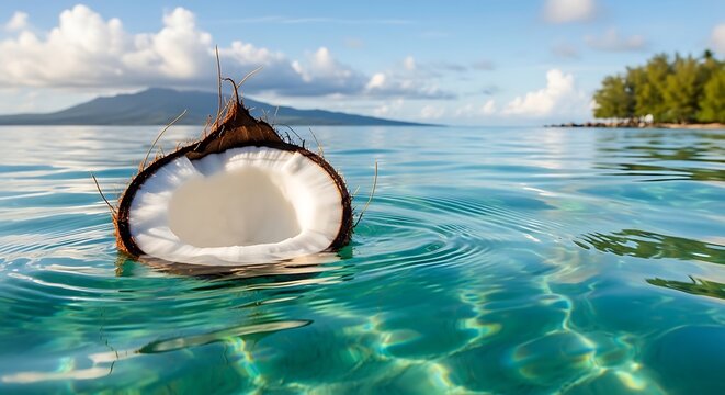 Half coconut floating on clear turquoise ocean water with distant island and sky