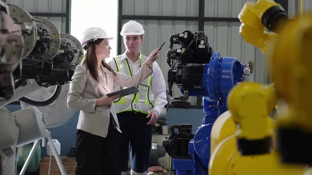Engineers collaborating on industrial machinery inspection with tablet in a factory setting