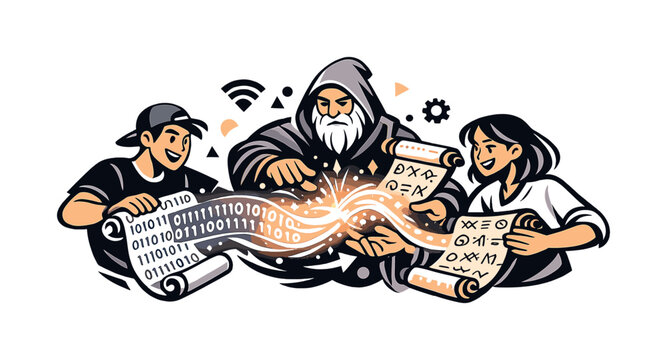 Code transmutation. Characters combining glowing scrolls of binary and ancient symbols,