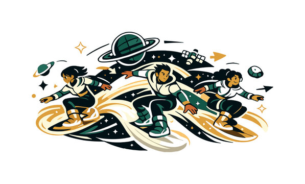 Space surfing. Characters riding energy waves through orbiting platforms, starlight