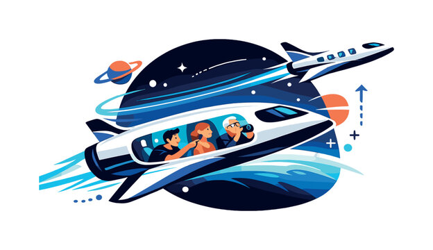 Suborbital flights. Small futuristic jets soaring above the stratosphere, passengers viewing