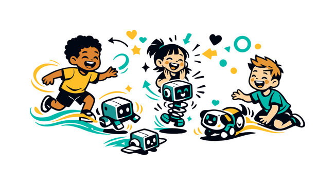 Playtime with robots. Children laughing as cube-shaped AI pets roll, bounce, and morph into