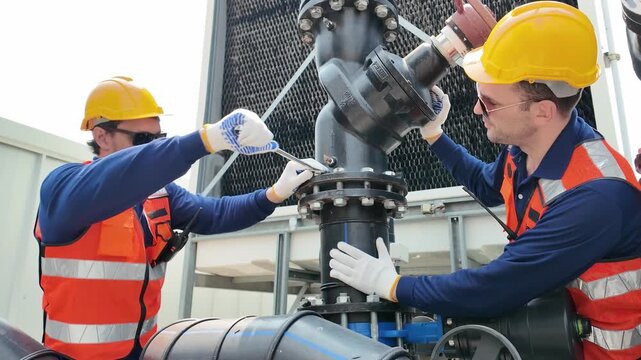 Industrial worker in hard hat and safety vest performing maintenance on large pipes