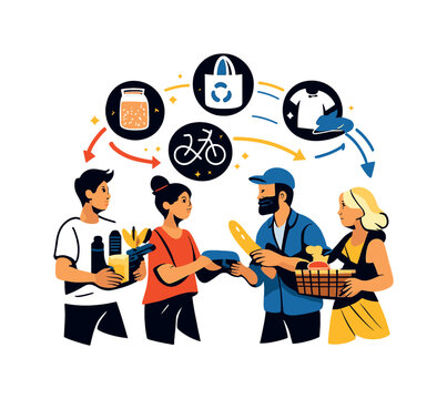 Community Sharing Exchange. Community Sharing. Person exchanging floating goods and reusable items with