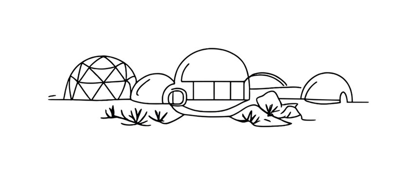 Futuristic Mars Habitat. Futuristic Martian habitat. Minimalistic one-line drawing domed buildings with