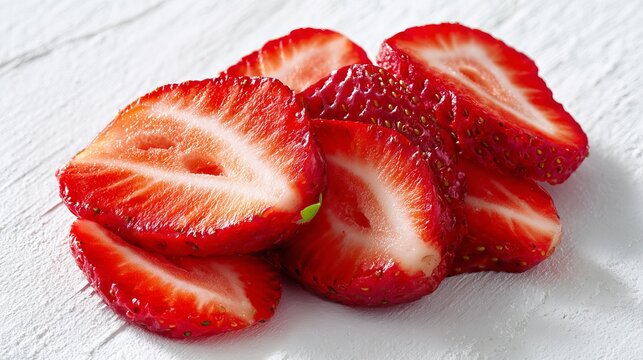 Fresh strawberry slices, a summer fruit, sit on a white surface.