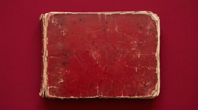 Vintage red leather book cover on a dark red background with black spots