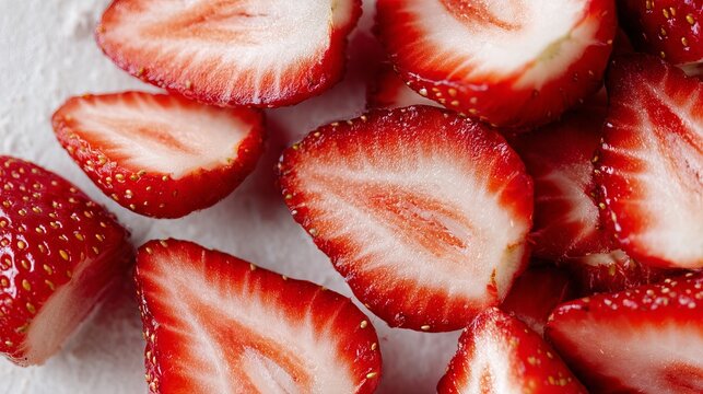 Fresh strawberry slices, a summer fruit, sit on a white surface.