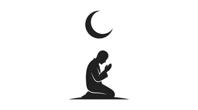 A cohesive vector silhouette featuring a man in prayer position with hands raised in dua, set under a crescent moon, calm spiritual atmosphere.