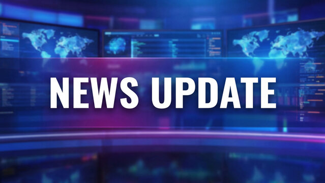 News update television broadcast studio graphic with digital world map screens and data visualization background for realtime global journalism media reporting and live news announcement template