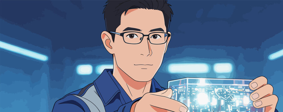 Animated male researcher holding a glowing quantum computing chip