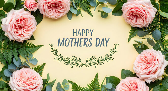 elegant mothers day card with pink roses and handwritten greeting on yellow background