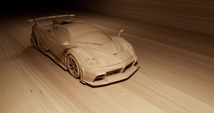 A futuristic wooden supercar speeds through a motion-blurred tunnel with cinematic lighting.
