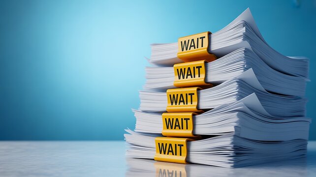 Stack of documents with wait labels representing delay backlog and workload concept
