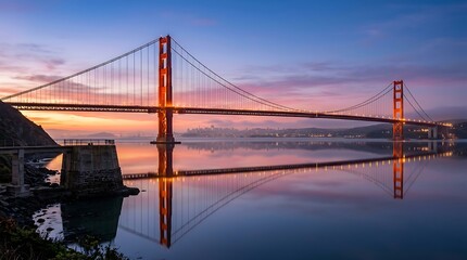 Fototapeta premium Golden gate bridge at sunset with reflection on the water in san francisco