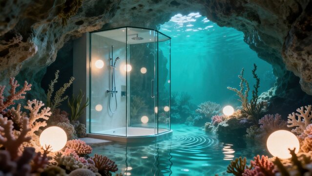 Underwater shower in coral cave