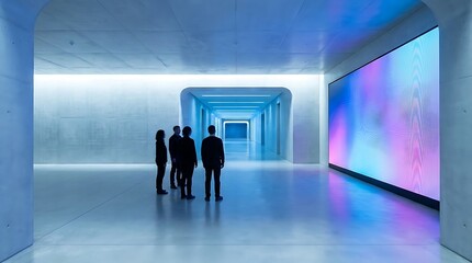 Obraz premium People standing in a modern minimalist hallway with a large digital screen displaying abstract colorful light art