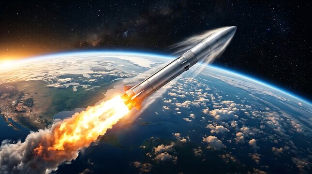 A silver rocket launching into space with flames and smoke against a stunning view of earth from outer space with stars