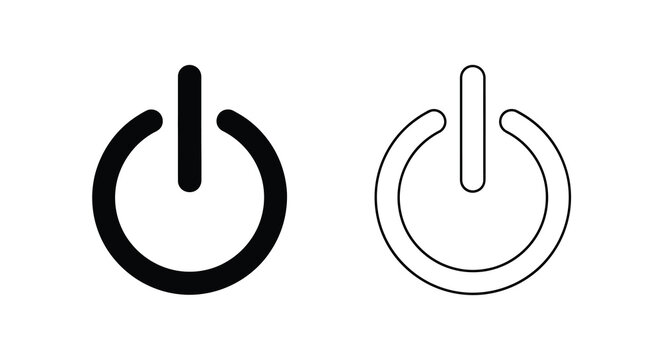 Power button icon set black and line art on white background