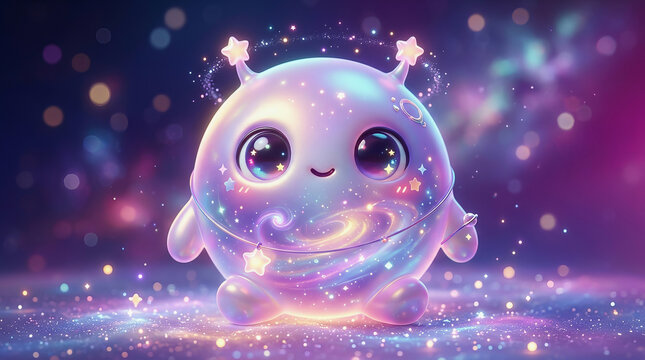 Cute round alien creature with star horns stands in a magical galaxy filled with colorful stars and glowing light particles.