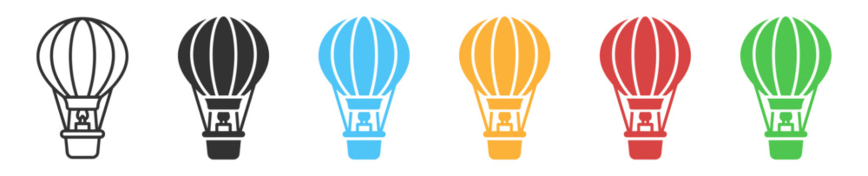 Travel tourism vacation trip journey holiday transport flight balloon aircraft aviation air sky fly basket icons collection with outline minimal graphic symbols on transparent background
