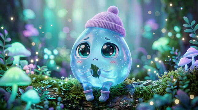 Sad blue blob character wearing pink hat sits on mossy log in magical glowing forest with mushrooms and sparkles