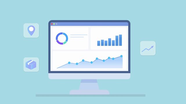 Animated desktop monitor displaying charts and graphs with location and map icons, representing geolocation tracking, analytics insights, and digital data monitoring.