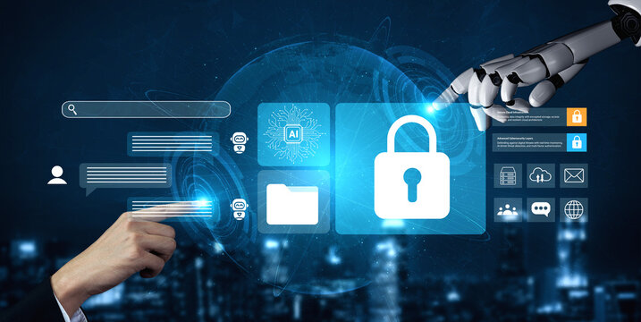 A captivating blend of human and robotic elements showcases a digital interface focused on cybersecurity, illustrating modern data protection practices. Gantry