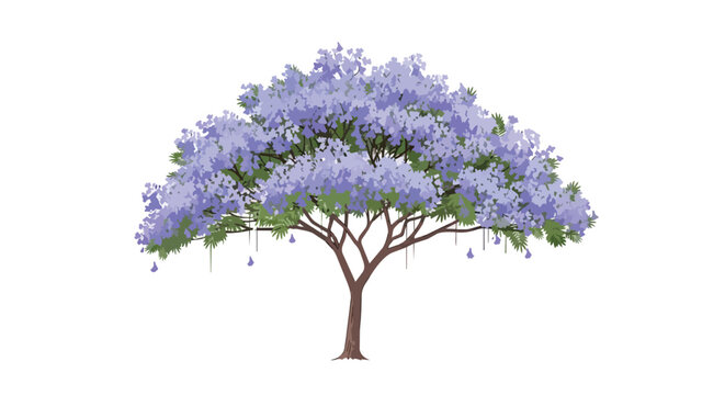 Beautiful blooming Jacaranda tree with violet flowers and green leaves isolated on white background, spring nature illustration