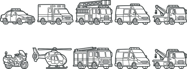 Collection of various emergency and service vehicles in black and white line art © SAYEDAJANNATUL