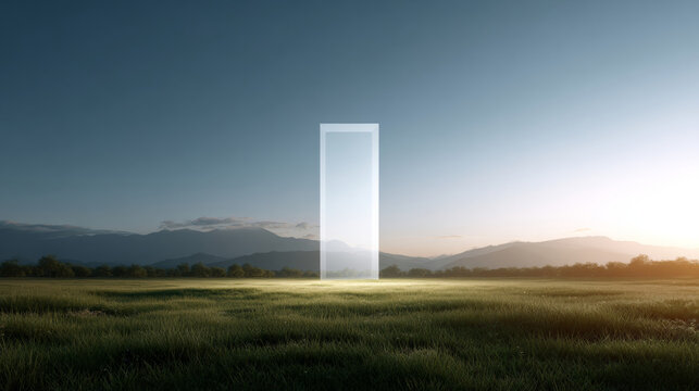 Transparent door in open field landscape