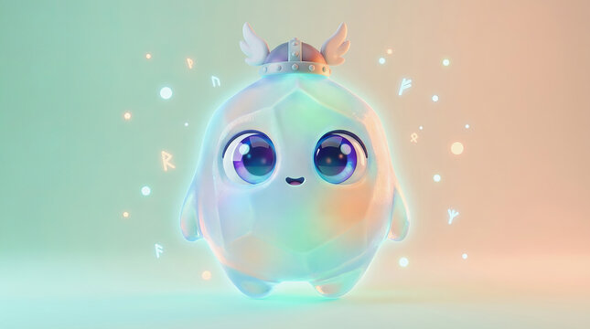 Cute 3D cartoon character with large eyes and small horns stands in a soft pastel background with glowing particles floating around it.