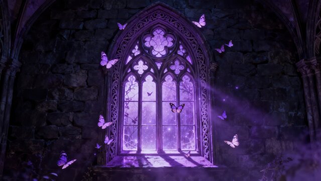 Gothic window with butterflies and purple light