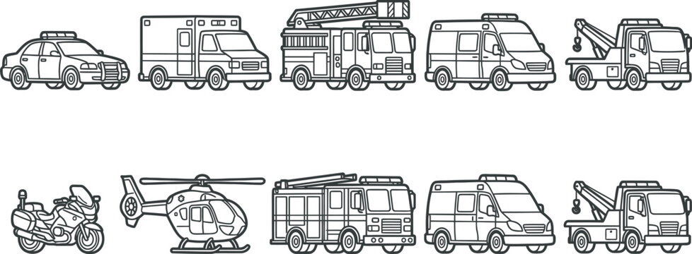 Collection of various emergency and service vehicles in black and white line art
