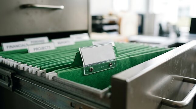 Open filing cabinet with green folders and document labels