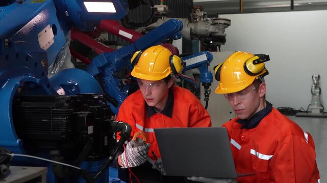 Engineers collaborate on industrial machinery maintenance with laptop and tools