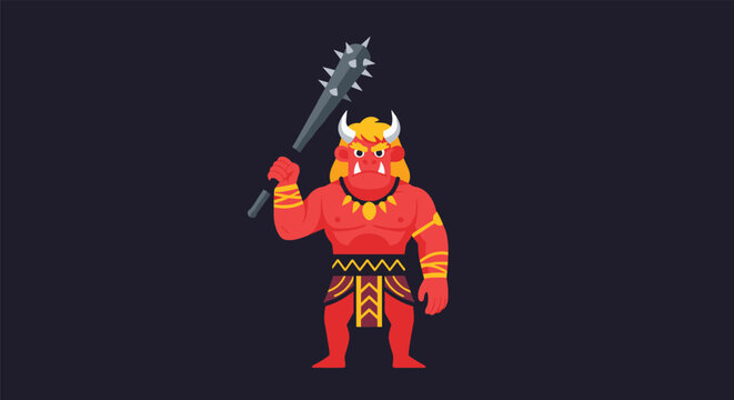 Red Japanese oni demon character holding a spiked metal club and wearing traditional warrior attire against a dark background.