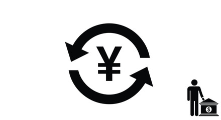 Obraz premium Currency exchange symbol featuring a large yen sign and arrows is shown next to a silhouette of a person making a deposit at a bank.
