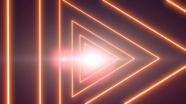 Abstract orange neon triangles receding into a bright center, forming a glowing futuristic tunnel with soft lens flare