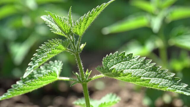 Closeup of a vibrant green stinging nettle plant in natural sunlight.